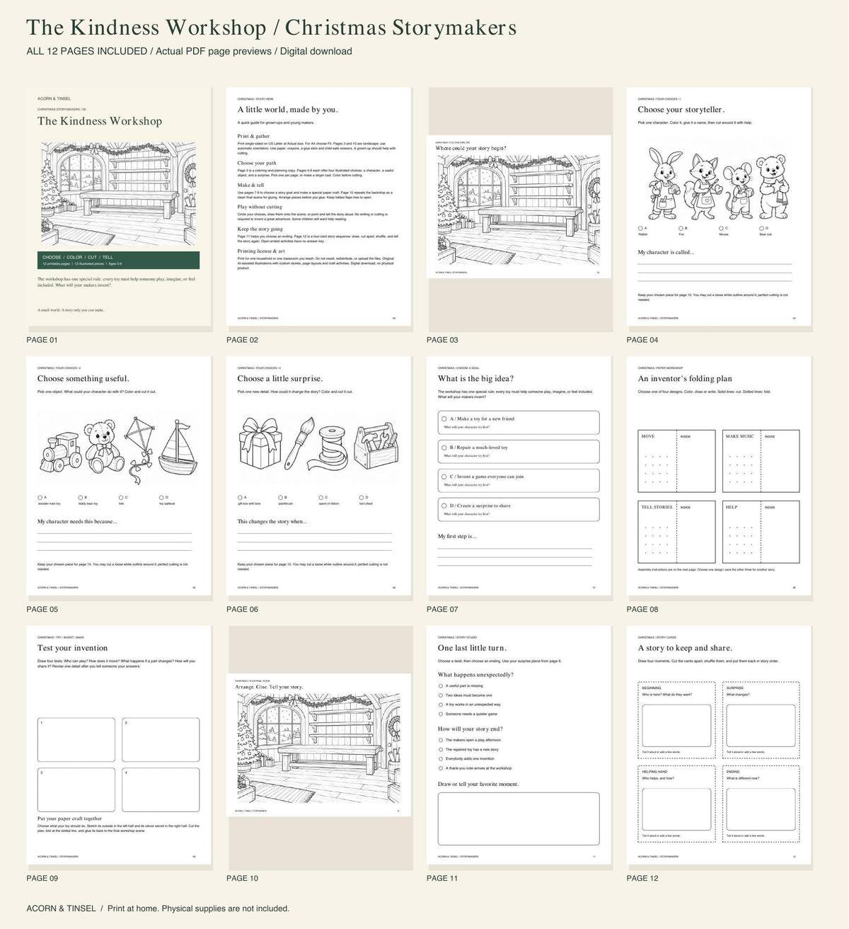 Actual PDF pages — The Kindness Workshop — Christmas Storymakers — complete contents overview