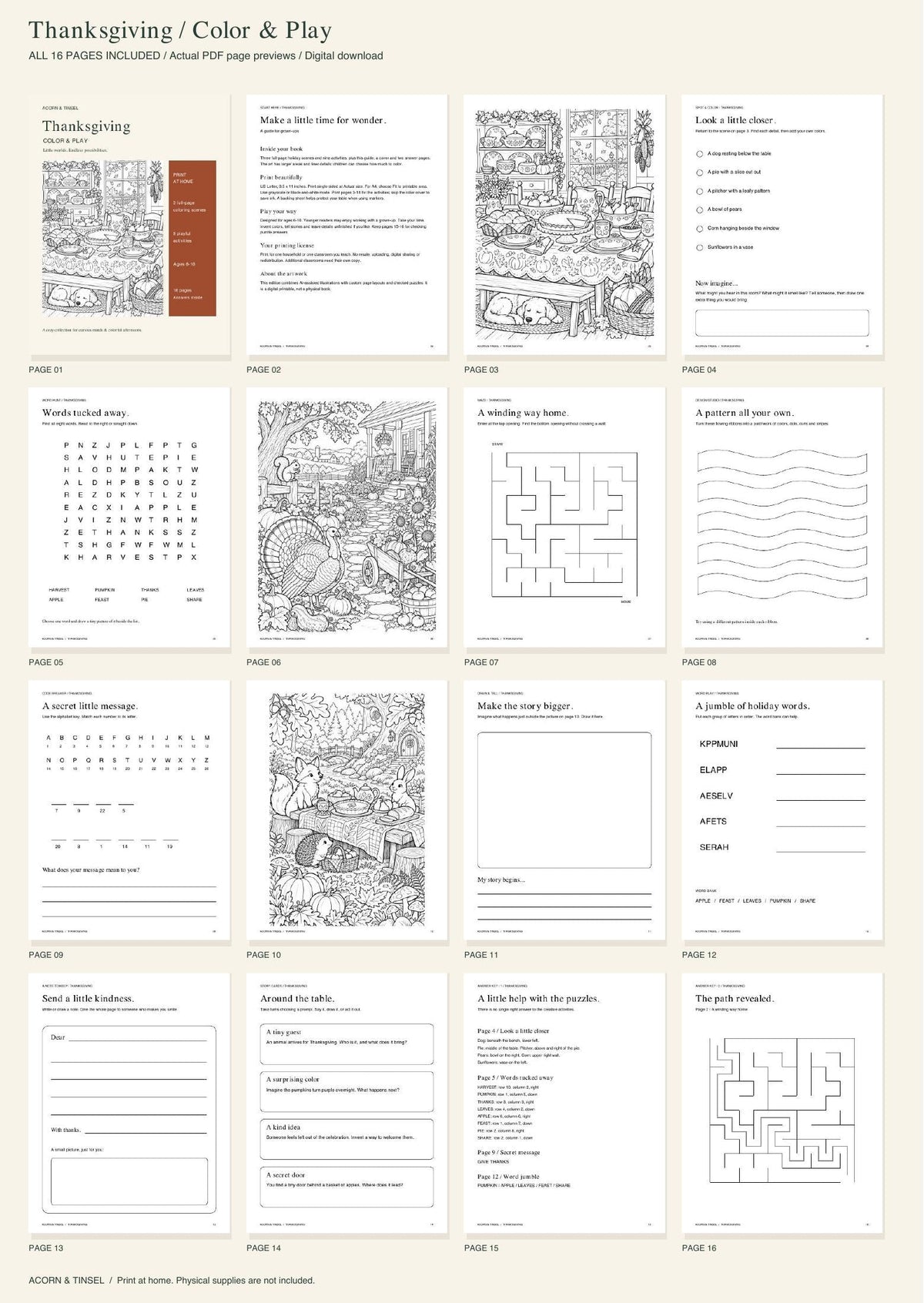 Actual PDF pages — Thanksgiving + Christmas Bundle — Thanksgiving — complete contents overview