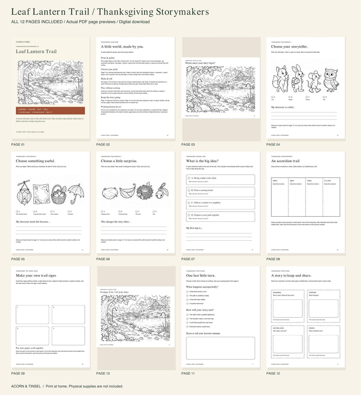 Actual PDF pages — Leaf Lantern Trail — Thanksgiving Storymakers — complete contents overview