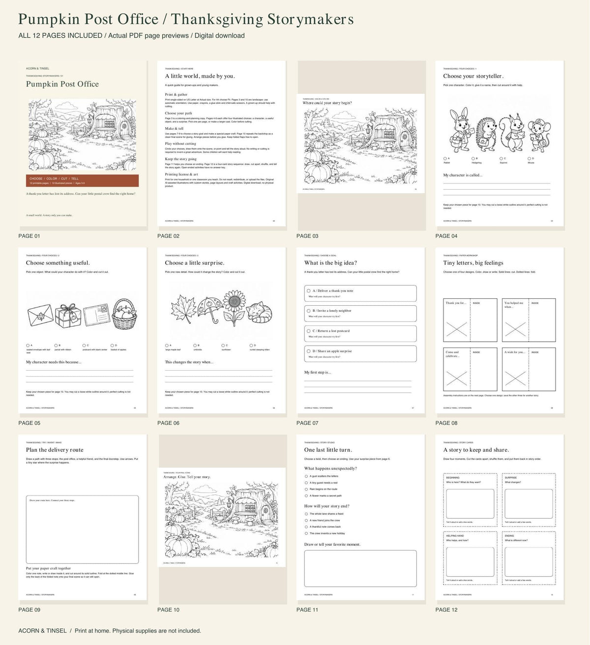 Actual PDF pages — Pumpkin Post Office — Thanksgiving Storymakers — complete contents overview