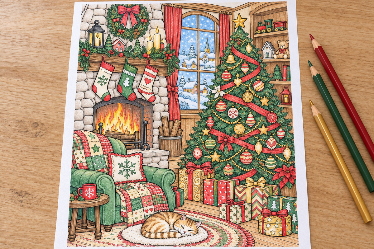 Simulated colored example — Christmas Color & Play — printable supplied uncolored; props not included