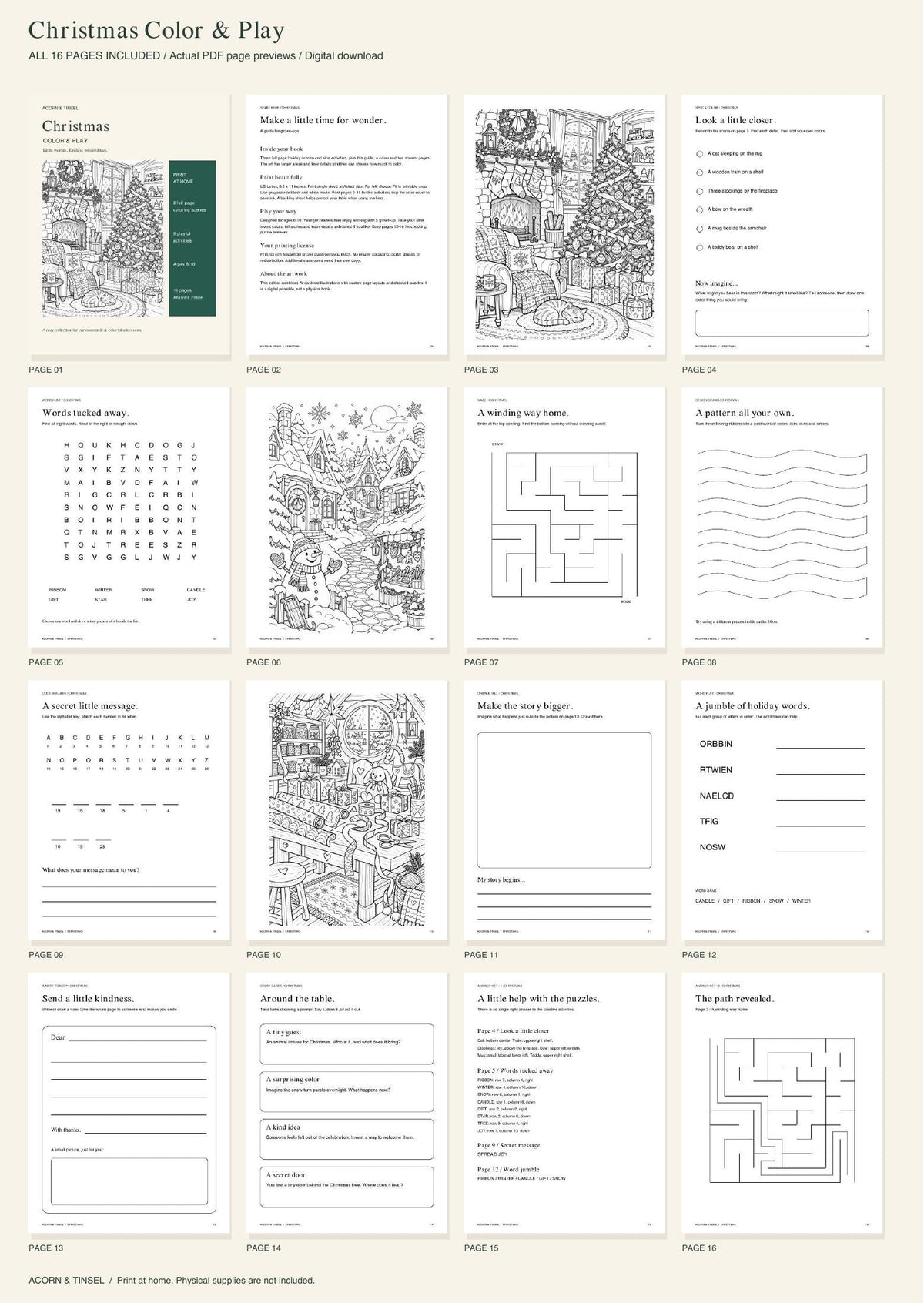 Actual PDF pages — Christmas Color & Play — complete contents overview