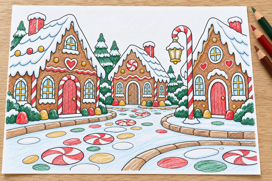 Simulated colored example — Gingerbread Street — Christmas Storymakers — printable supplied uncolored; props not included