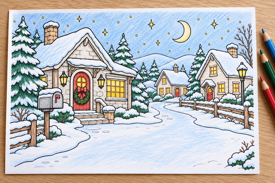 Simulated colored example — Moonlight Mail — Christmas Storymakers — printable supplied uncolored; props not included