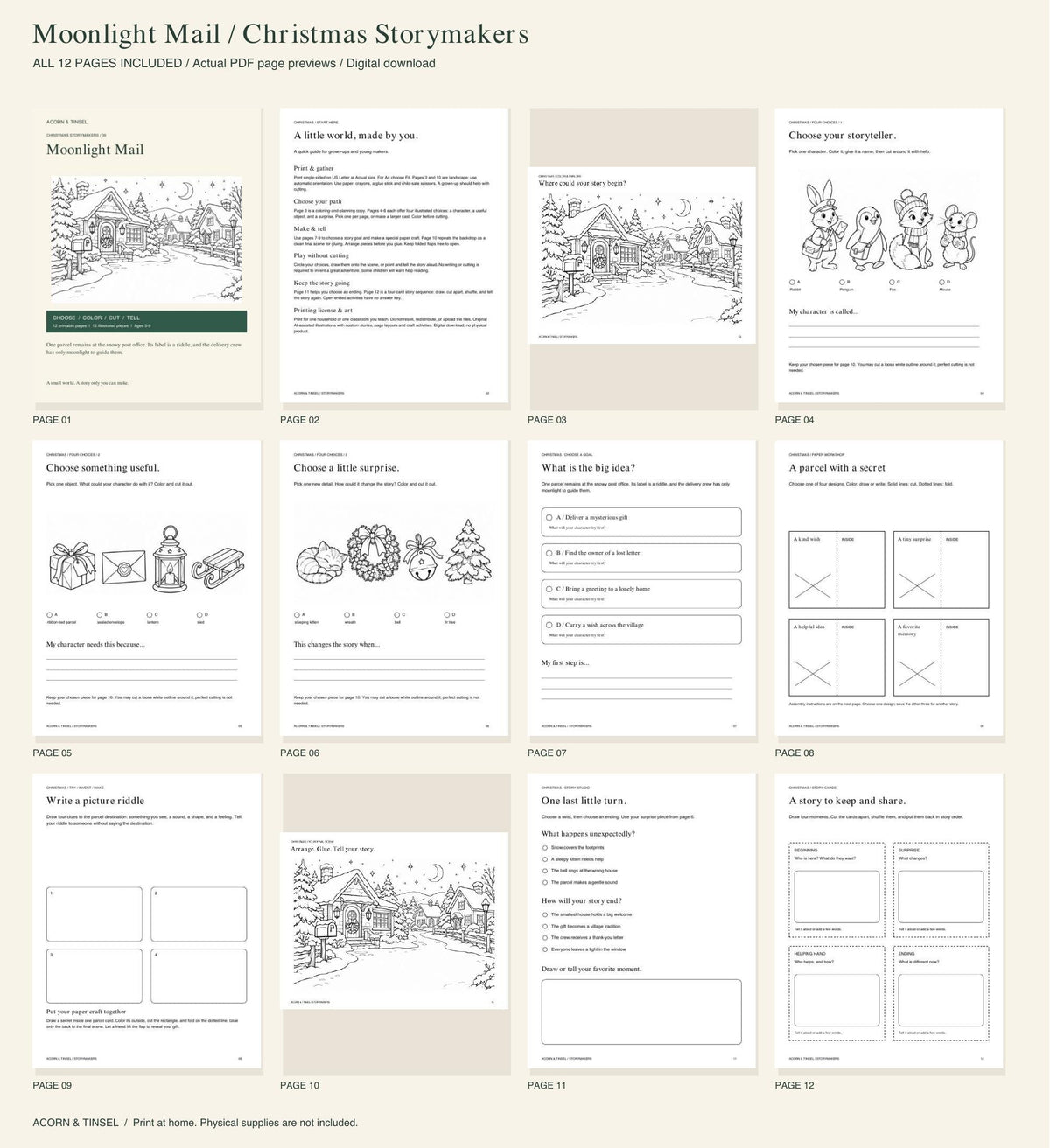 Actual PDF pages — Moonlight Mail — Christmas Storymakers — complete contents overview