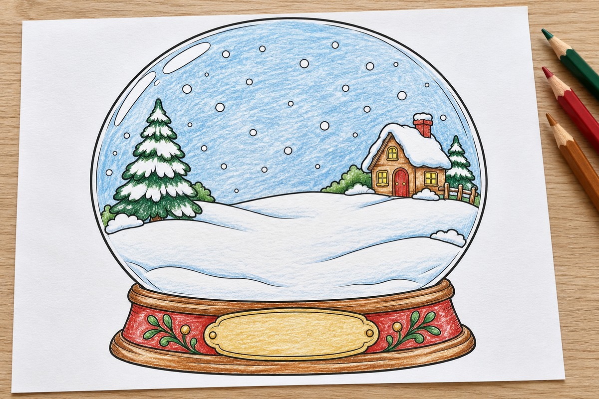 Simulated colored example — Snow Globe Stories — Christmas Storymakers — printable supplied uncolored; props not included