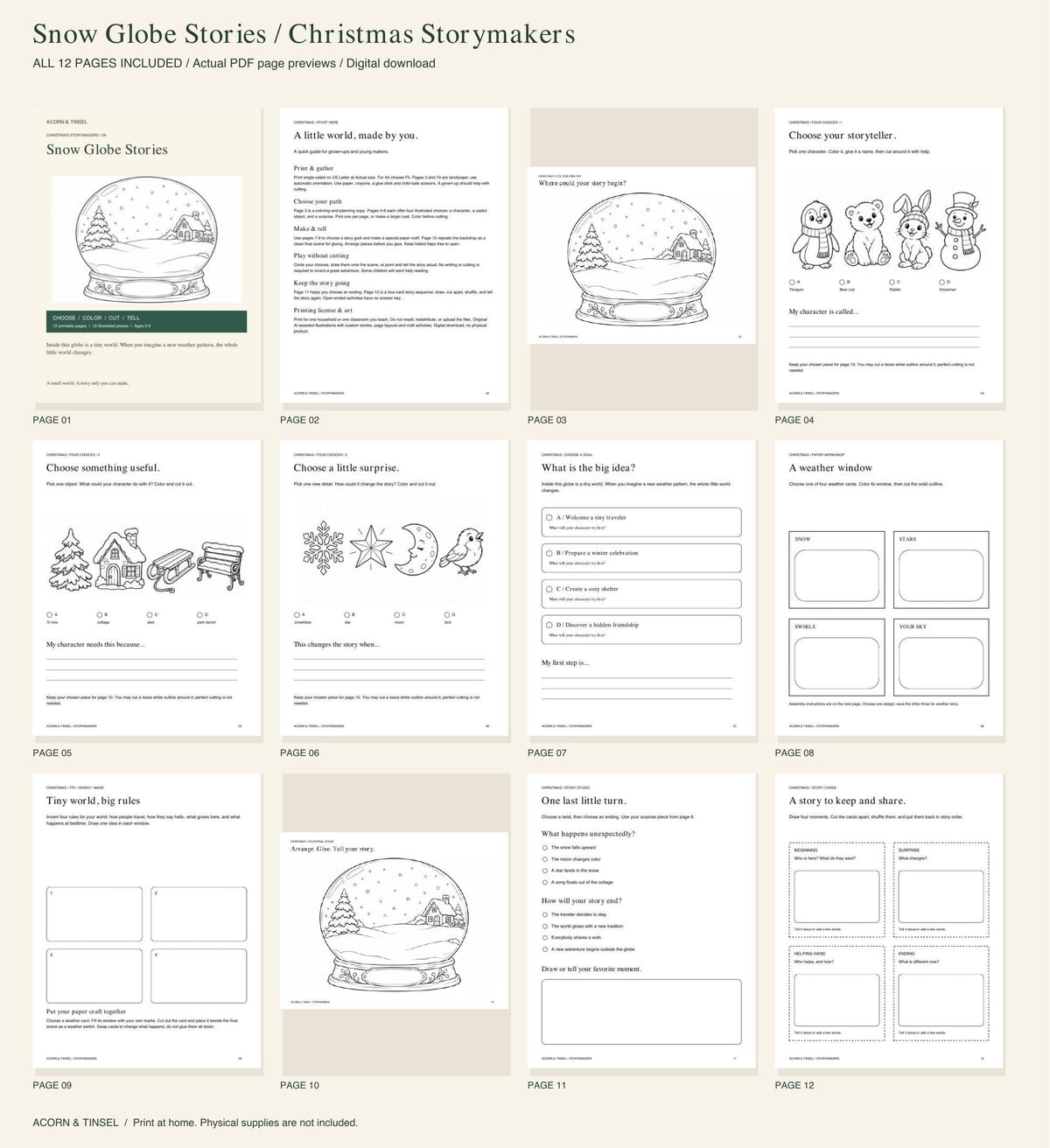 Actual PDF pages — Snow Globe Stories — Christmas Storymakers — complete contents overview