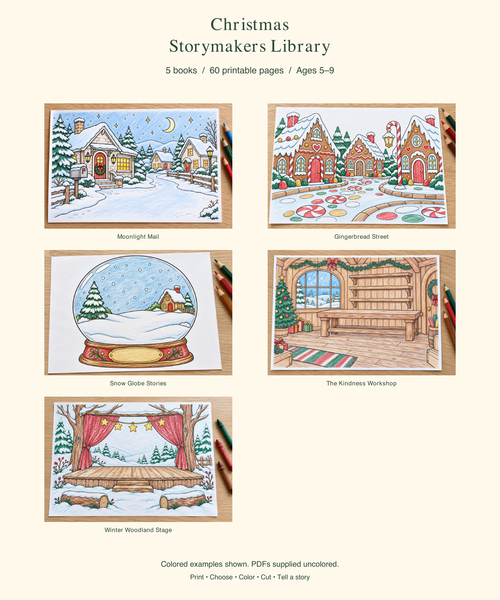 Simulated colored examples — Christmas Storymakers Library — PDFs supplied uncolored
