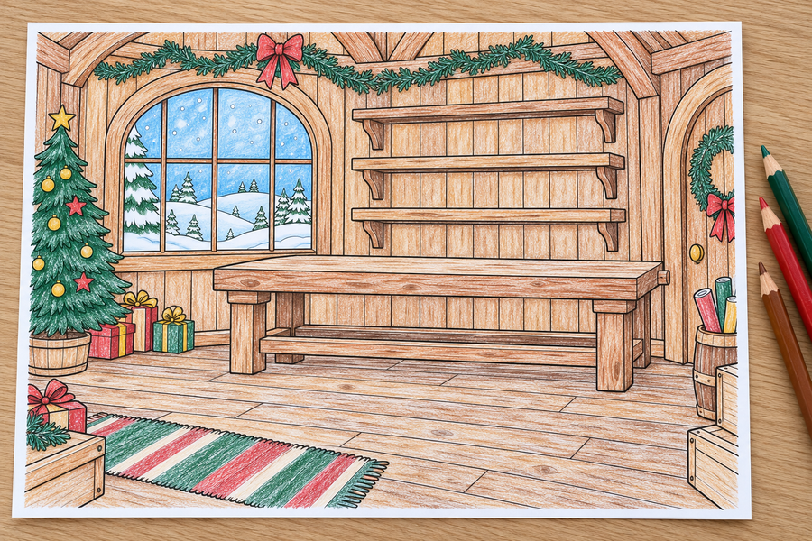 Simulated colored example — The Kindness Workshop — Christmas Storymakers — printable supplied uncolored; props not included