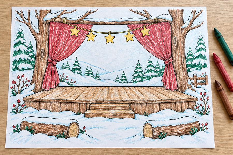 Simulated colored example — Winter Woodland Stage — Christmas Storymakers — printable supplied uncolored; props not included