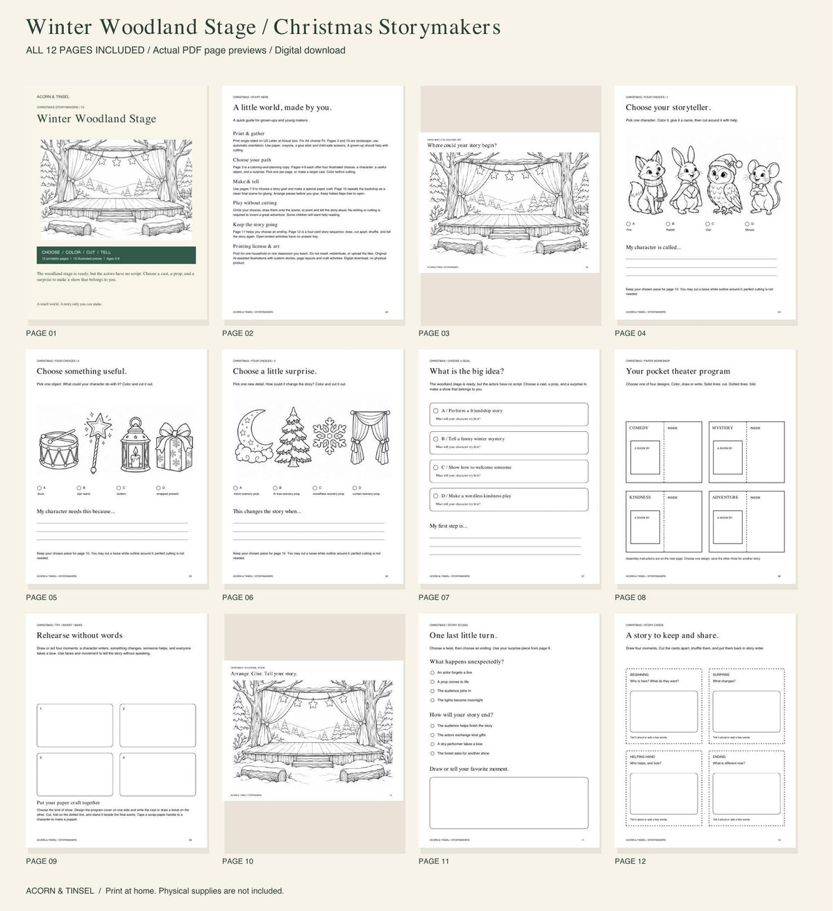 Actual PDF pages — Winter Woodland Stage — Christmas Storymakers — complete contents overview