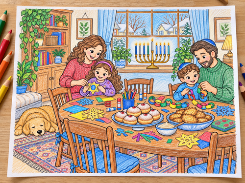 Simulated colored example — Eight Nights of Make & Play — printable supplied uncolored; props not included
