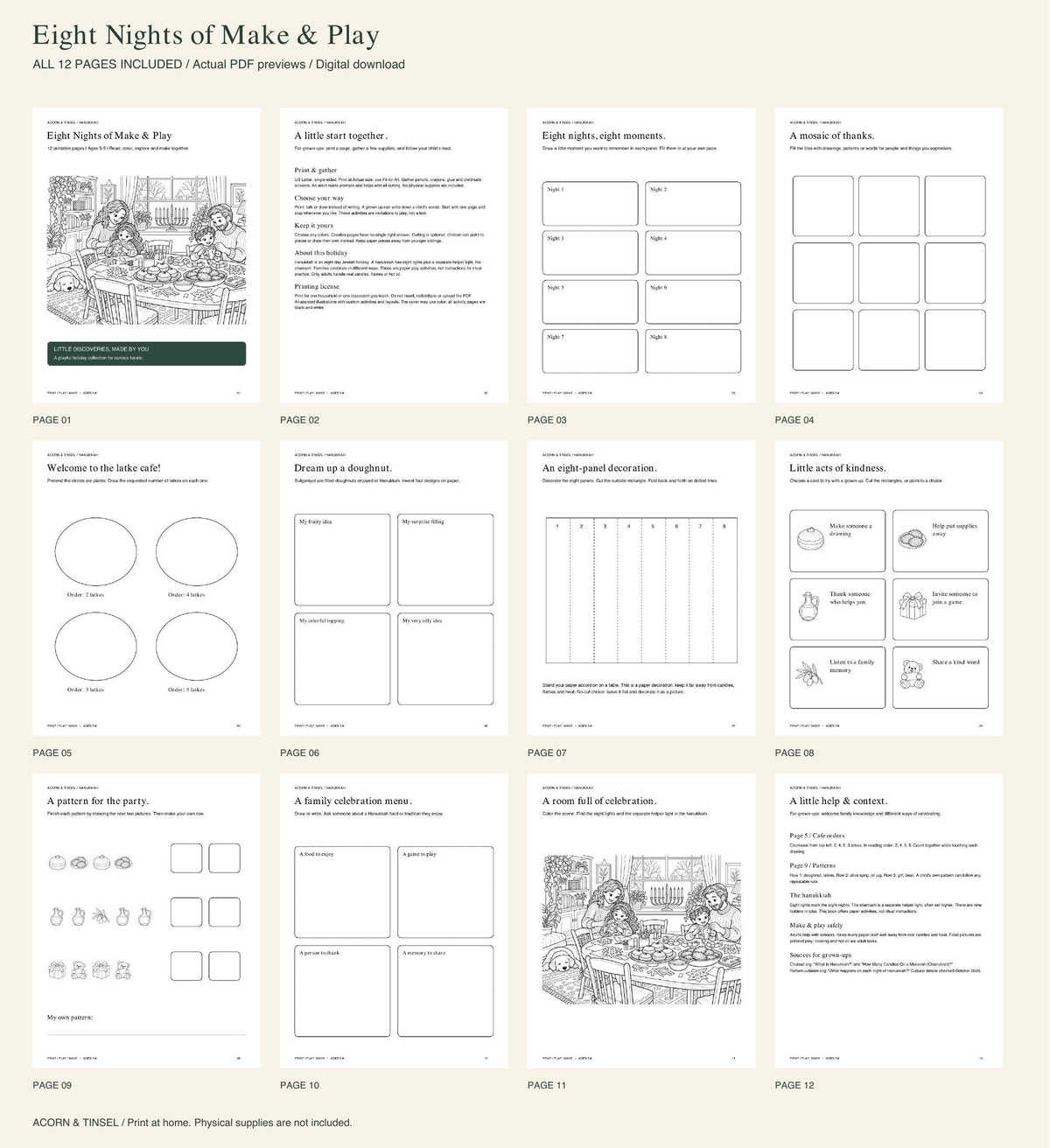 Actual PDF pages — Eight Nights of Make & Play — complete contents overview