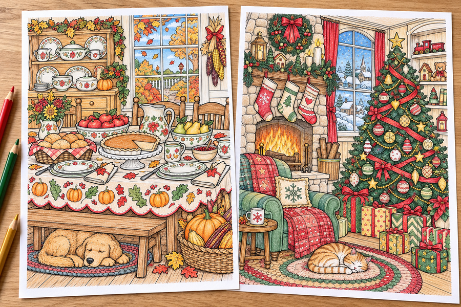 Simulated colored example — Thanksgiving + Christmas Bundle — printable supplied uncolored; props not included
