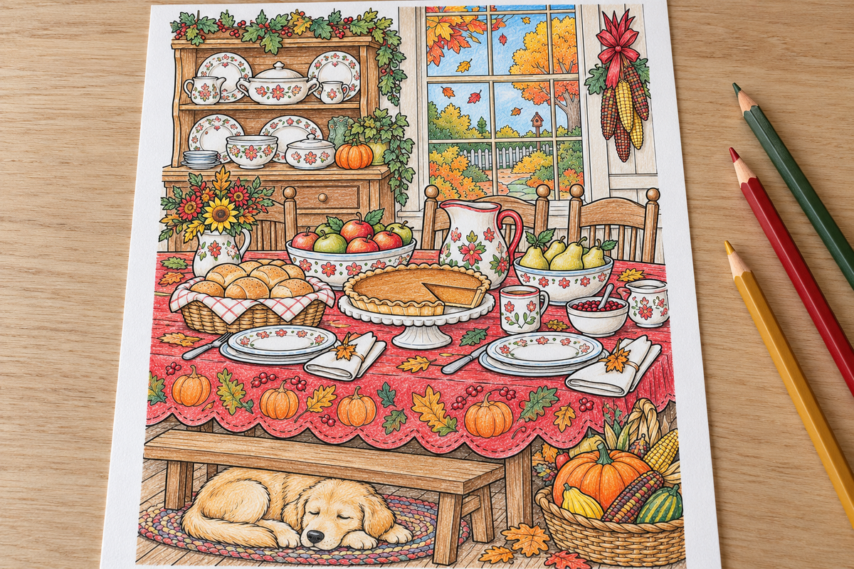 Simulated colored example — Thanksgiving Color & Play — printable supplied uncolored; props not included