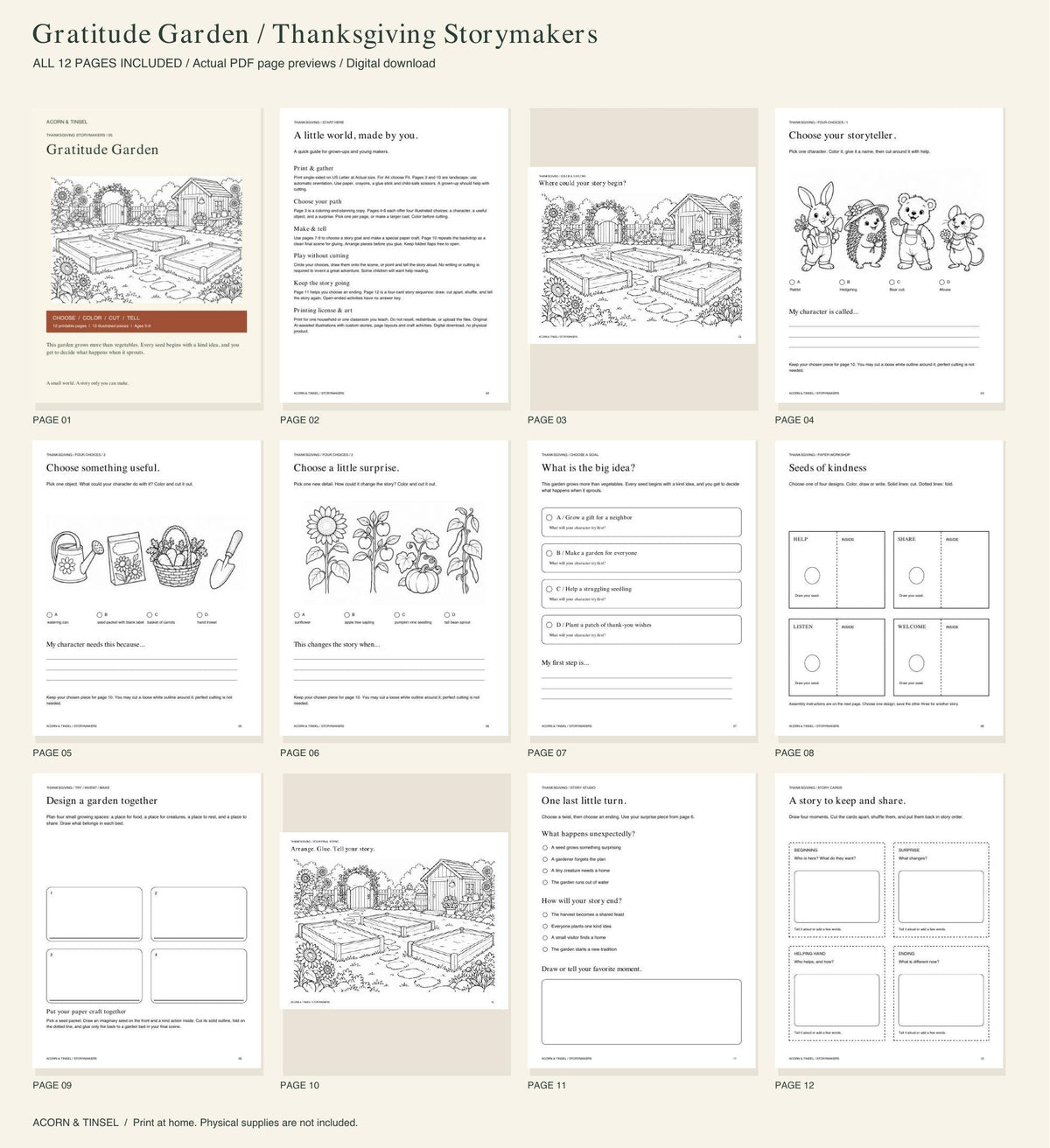 Actual PDF pages — Gratitude Garden — Thanksgiving Storymakers — complete contents overview