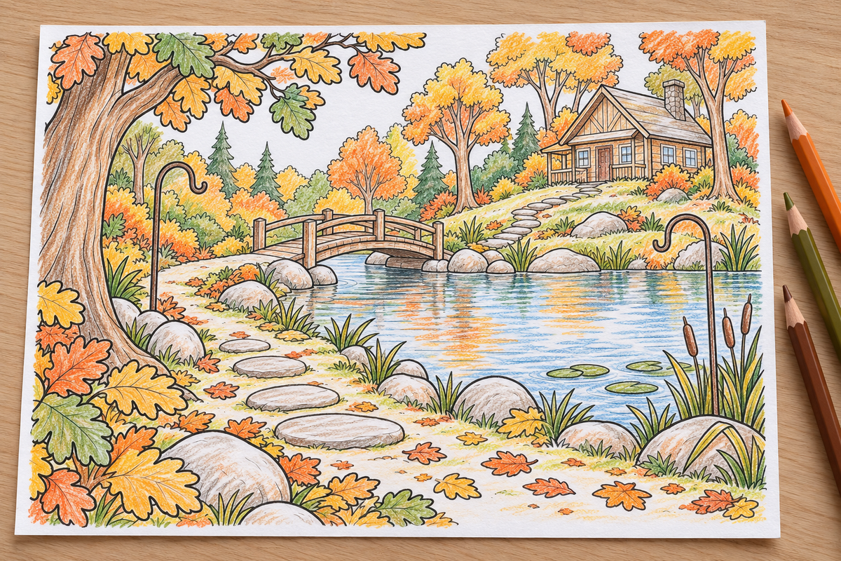 Simulated colored example — Leaf Lantern Trail — Thanksgiving Storymakers — printable supplied uncolored; props not included