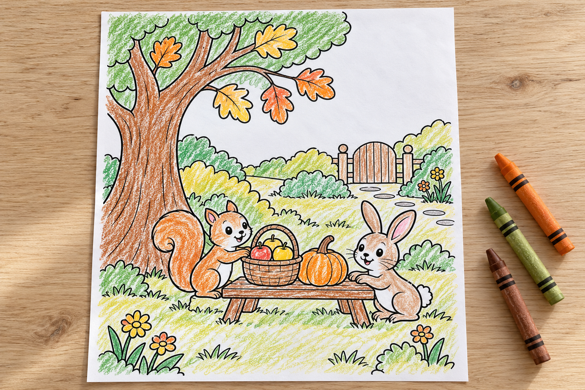 Simulated colored example — Thanksgiving Little Holiday Hands — printable supplied uncolored; props not included