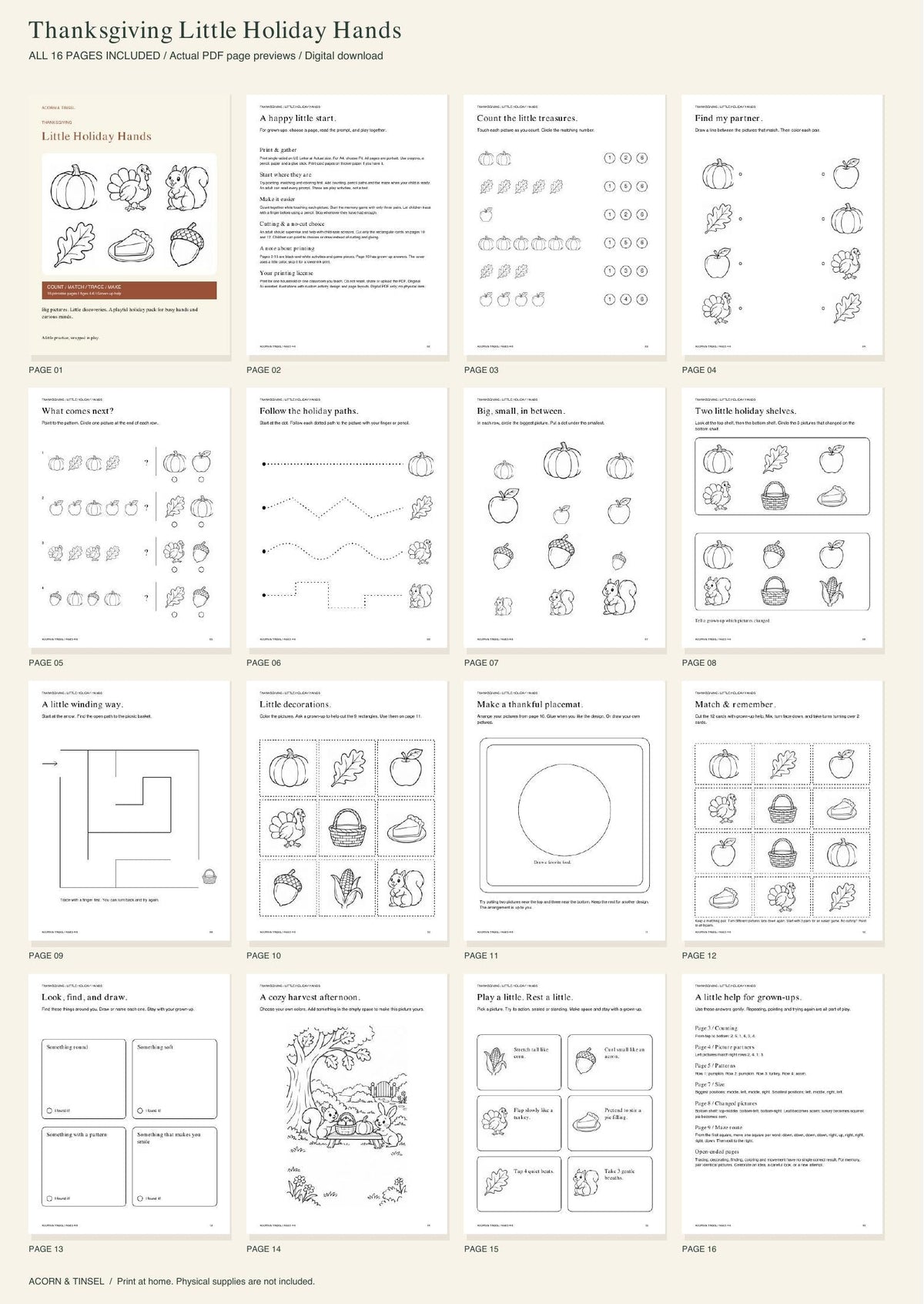 Actual PDF pages — Thanksgiving Little Holiday Hands — complete contents overview