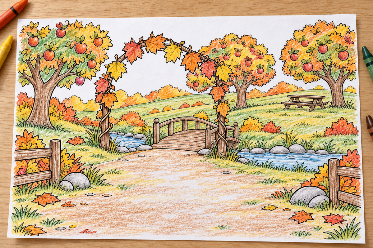 Simulated colored example — Orchard Parade — Thanksgiving Storymakers — printable supplied uncolored; props not included