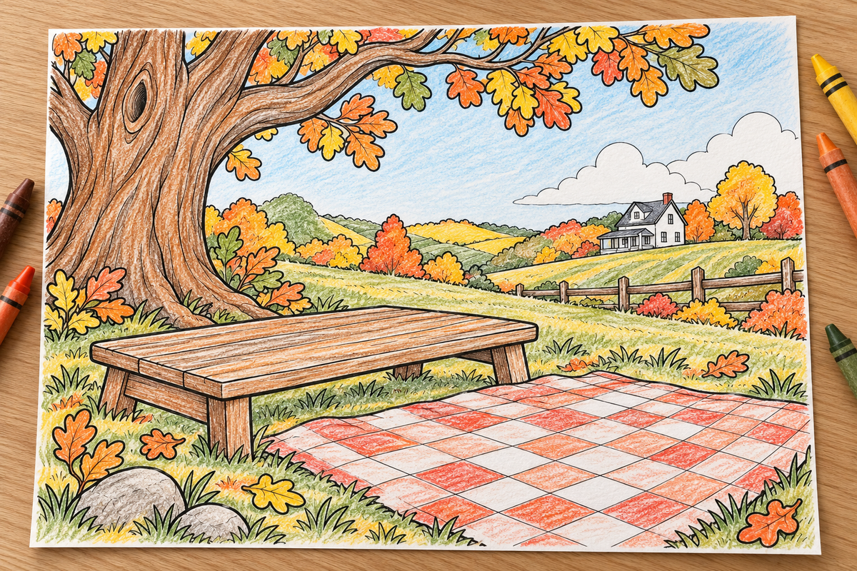 Simulated colored example — The Great Pie Picnic — Thanksgiving Storymakers — printable supplied uncolored; props not included