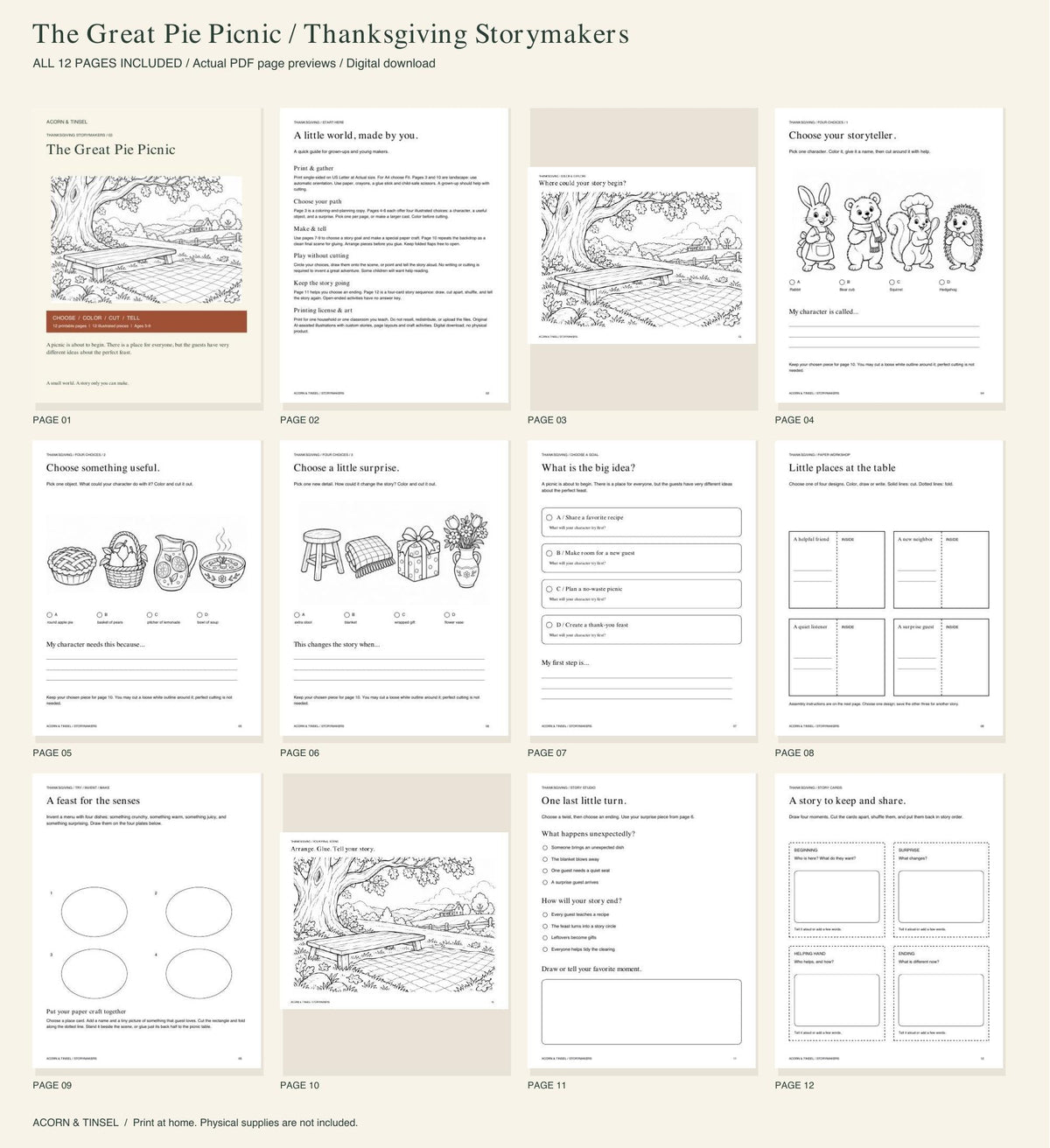 Actual PDF pages — The Great Pie Picnic — Thanksgiving Storymakers — complete contents overview