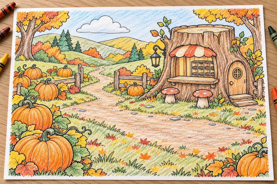 Simulated colored example — Pumpkin Post Office — Thanksgiving Storymakers — printable supplied uncolored; props not included